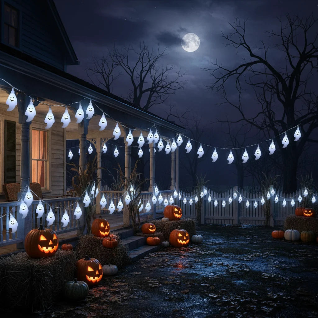 Close-up of white ghost LED Halloween string lights glowing, ideal for eerie indoor/outdoor party decor.