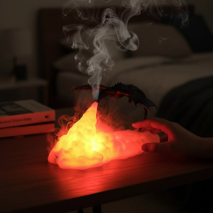 Unisex dragon night light lamp with red flame glow. Rechargeable LED fantasy decor, perfect bedside or table lamp.