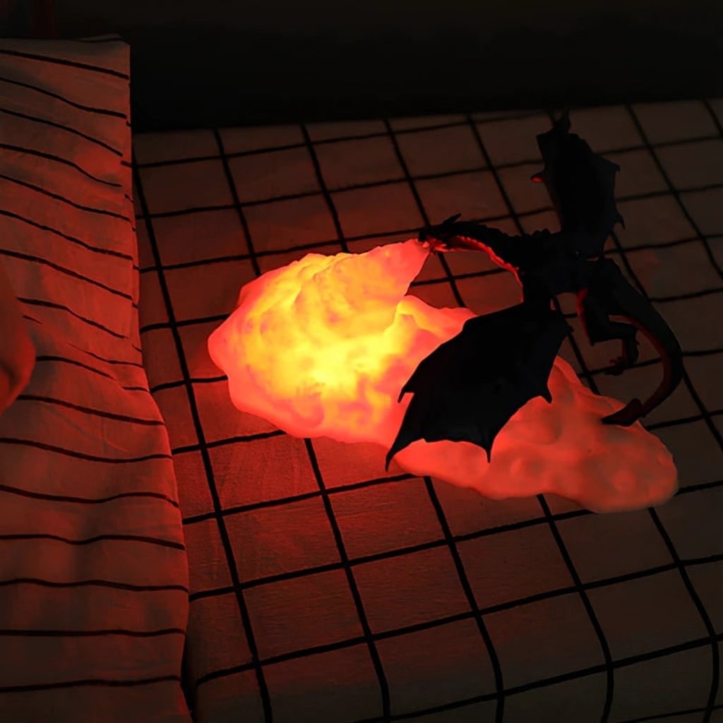 Rechargeable LED dragon lamp, featuring red flame glow. Ideal fantasy home decor, mood lighting & Halloween decoration.