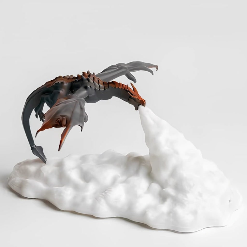 Detailed dragon night light with vibrant red flame LED glow. Rechargeable fantasy lamp, perfect for mood or bedside use.