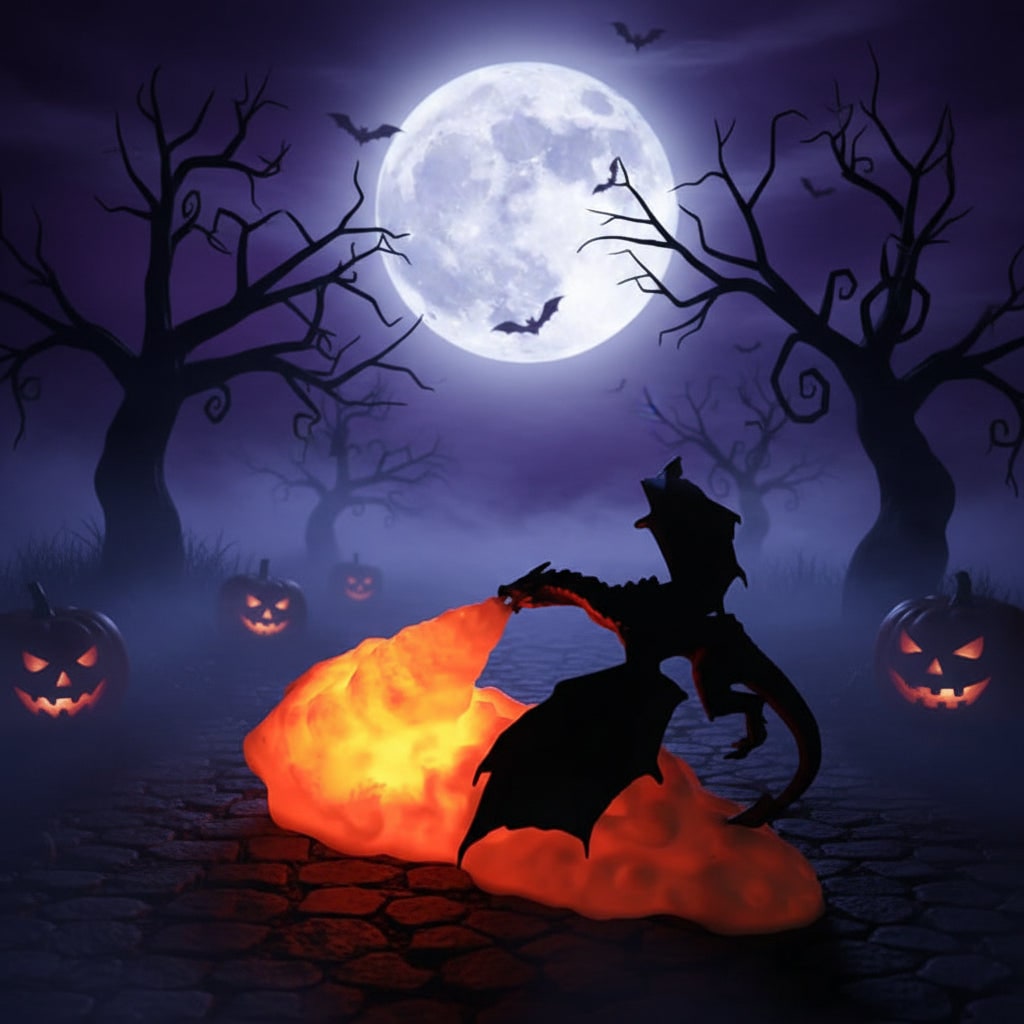 Fantasy LED dragon night light, ideal for Halloween decor or unique room ambiance. Rechargeable & portable.