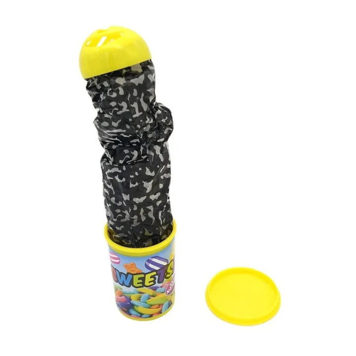 Green spring-loaded prank snake toy, ready to jump out for thrilling Halloween scares & laughs.