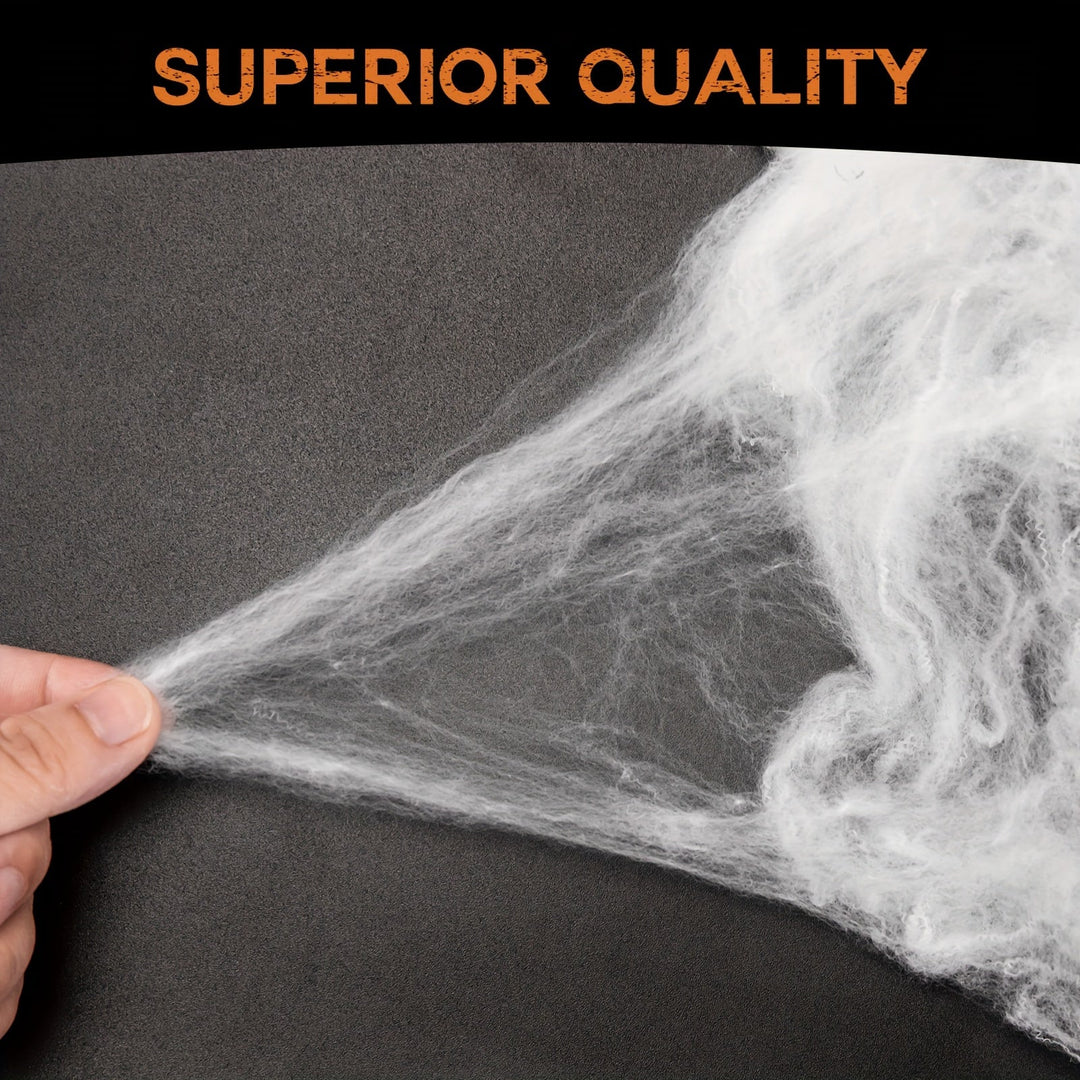 Collection of various sized fuzzy fake black spiders included with a giant Halloween web & stretchy cobwebs.