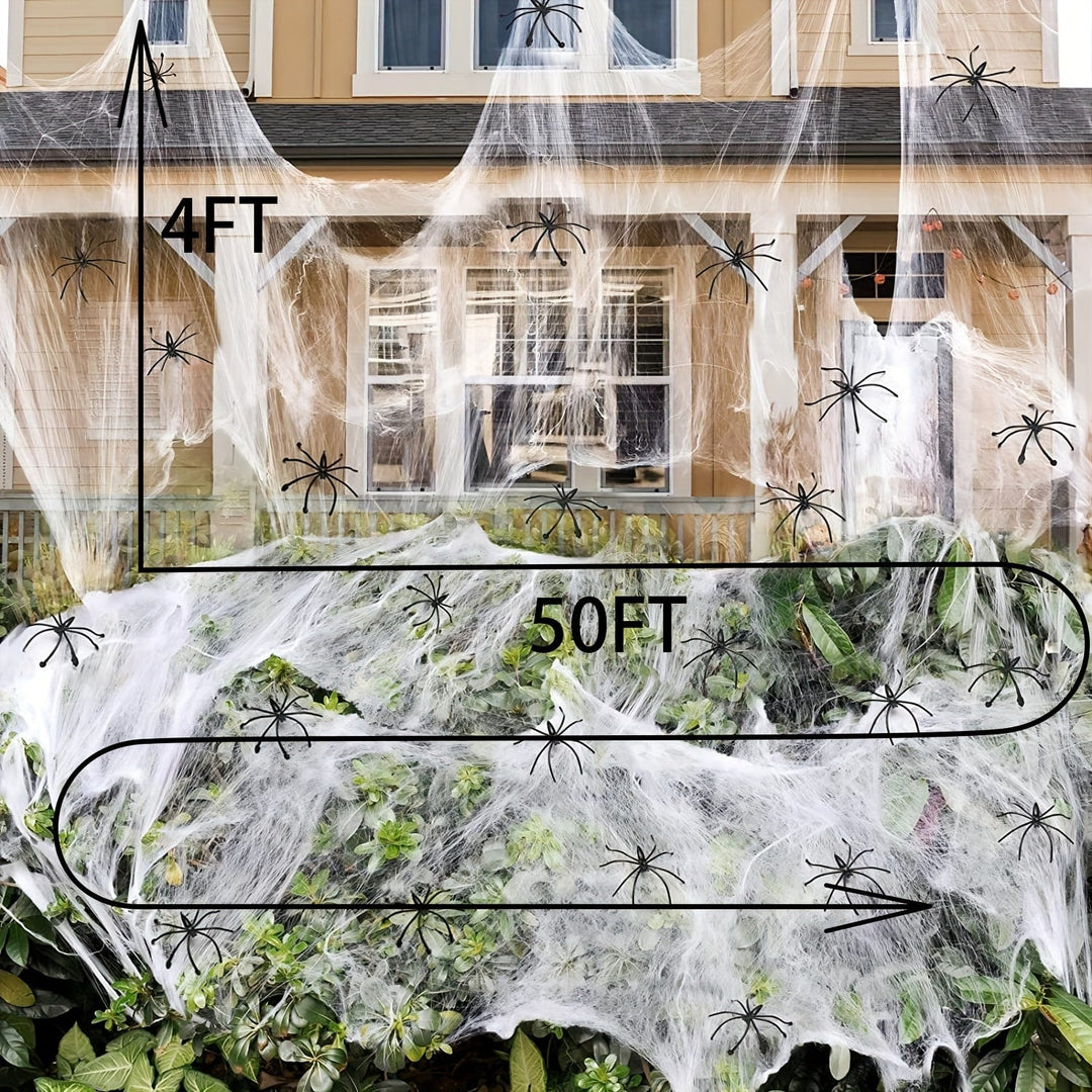 Durable & reusable giant Halloween spider web with fake spiders & cobwebs, perfect for annual holiday decorations.