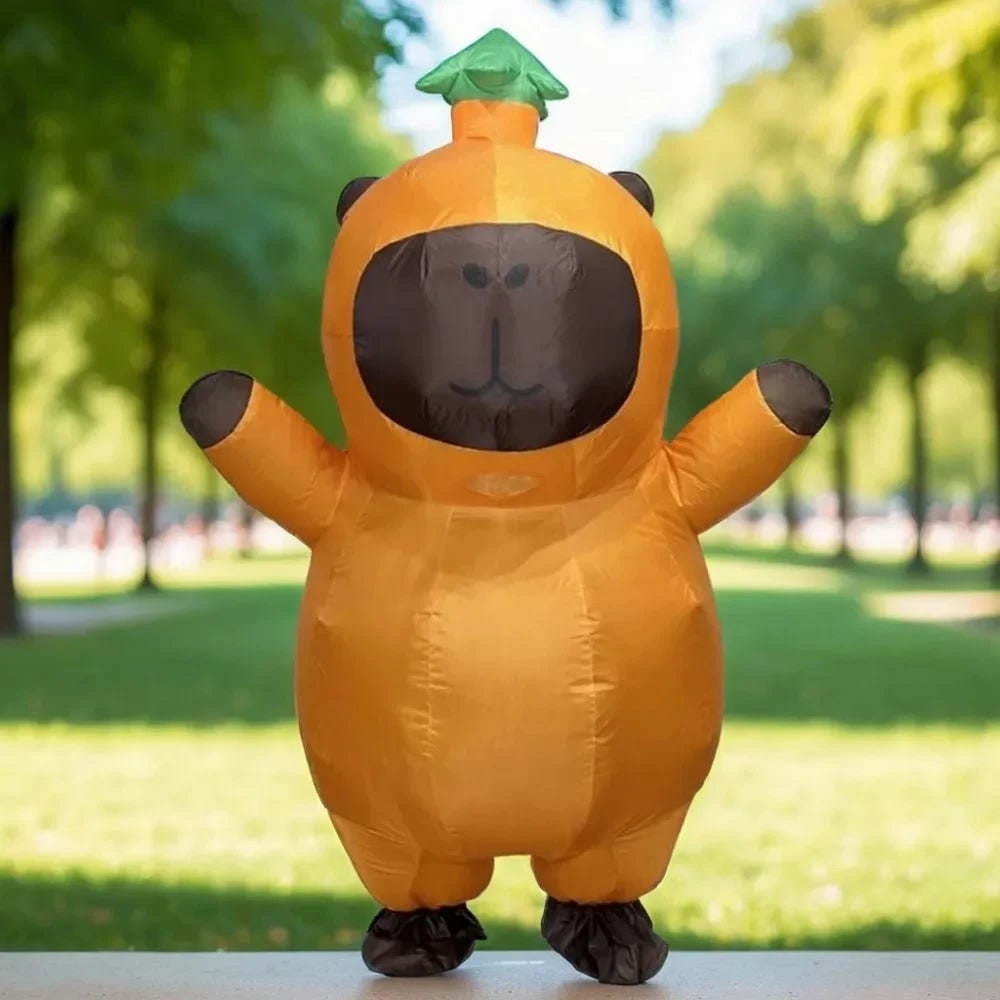 Unisex inflatable Capybara Halloween costume with built-in blower fan for adults & youth. Funny animal party outfit.