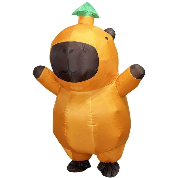 Adult inflatable Capybara costume for Halloween parties, featuring a fan. Funny, easy-wear animal outfit.