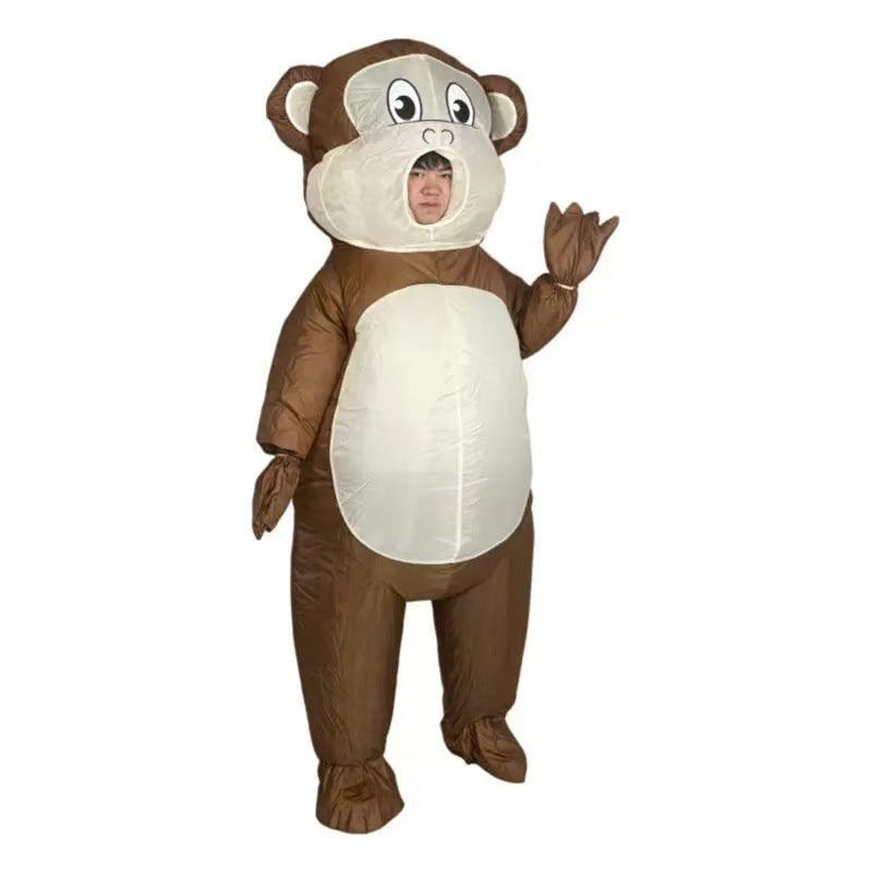 Adults' inflatable raccoon costume. Full body design with mesh face, ideal for Halloween trick-or-treating.