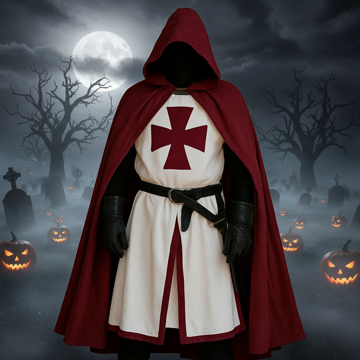Unisex Medieval Knight Crusader tunic costume with cross pattée. Perfect for Halloween, cosplay, or Renaissance fairs.