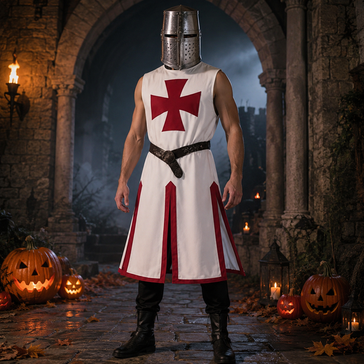 Unisex medieval knight tunic costume, featuring a prominent cross pattée design. Great for themed parties.