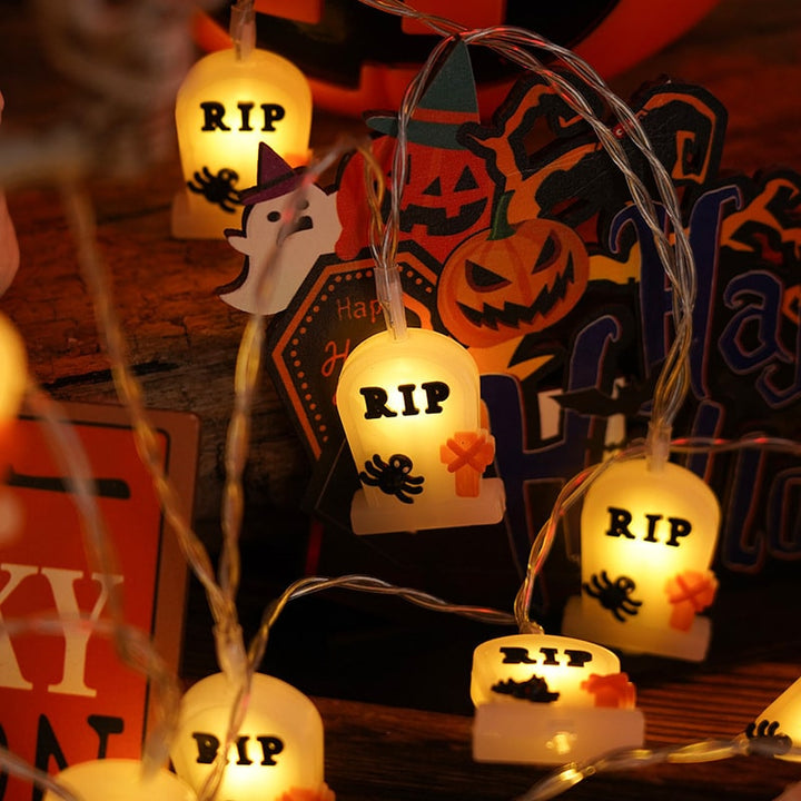 Charming LED Halloween indoor string lights, battery operated for cozy spooky room & window decor.
