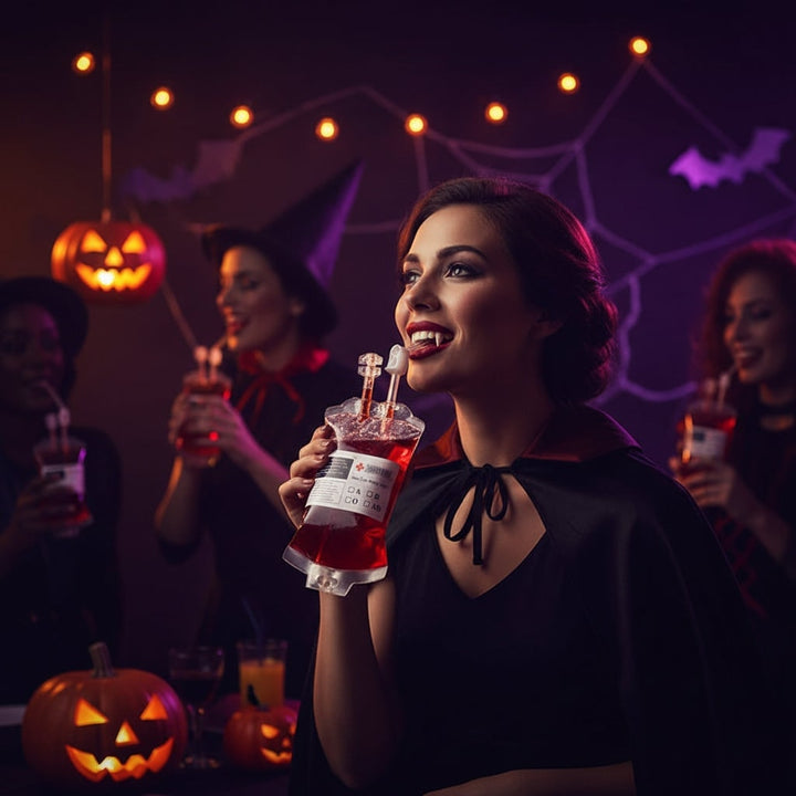 Spooky blood bag party cups with IV tubing, perfect for Halloween parties & vampire-themed events.