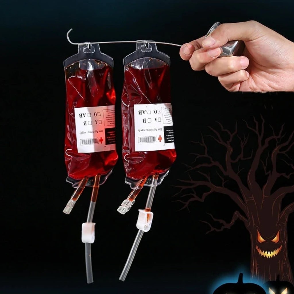 Unique vampire blood bag party cups for Halloween decor, adding a spooky touch to your drinkware.