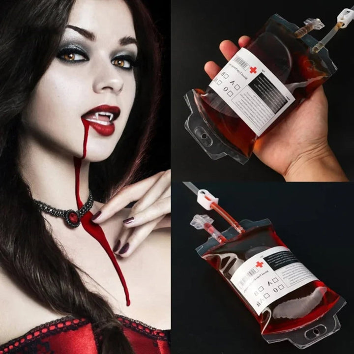 Halloween blood bag cups with IV tubing and syringe, great for serving themed spooky drinks.