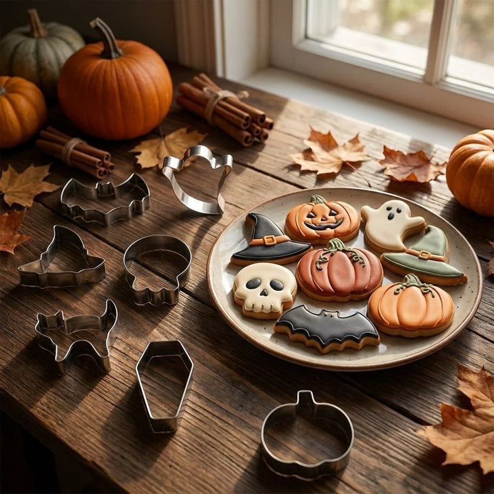Halloween cookie cutters set with 7 festive shapes for spooky treats & home baking fun.