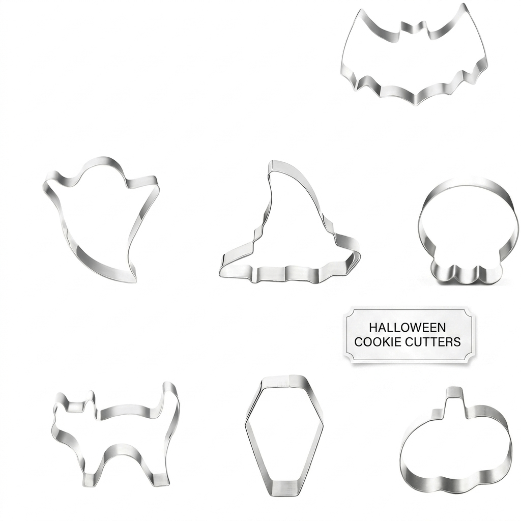 Set of 7 Halloween cookie molds for creating festive gingerbread, fondant, & party treats.