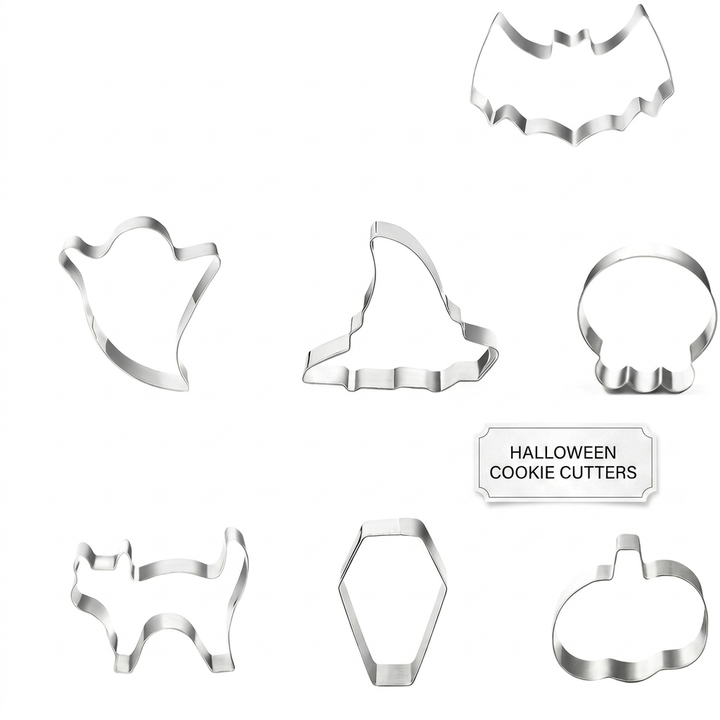 Decorate with this 7-piece Halloween cookie cutter set, ideal for festive home baking.