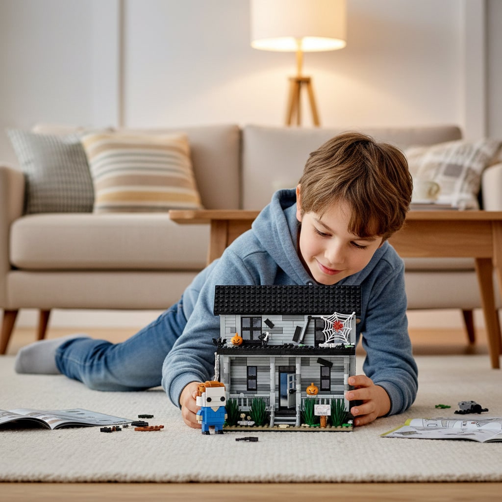 Kids' Halloween Ghost House building kit for creative play. Spooky decor, fun toy for imagination & kids building.