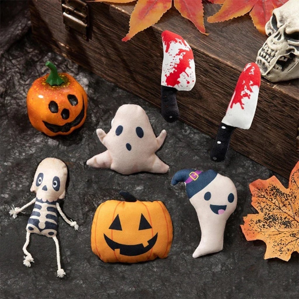 Engaging Halloween themed plush catnip toy, a fun ghost design for interactive play and pet enrichment.