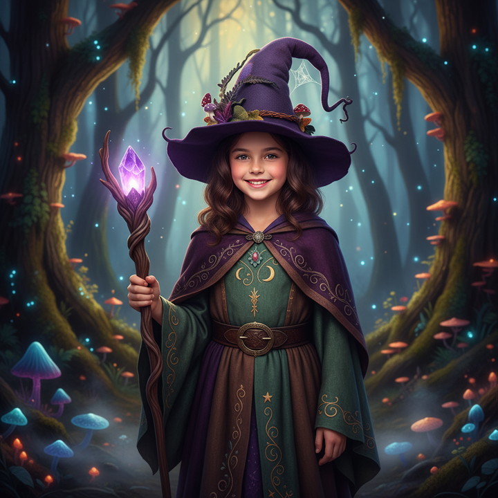 Elegant decorated witch hat with a curled tip, ideal costume accessory for Halloween parties, magic themes, or fantasy cosplay.