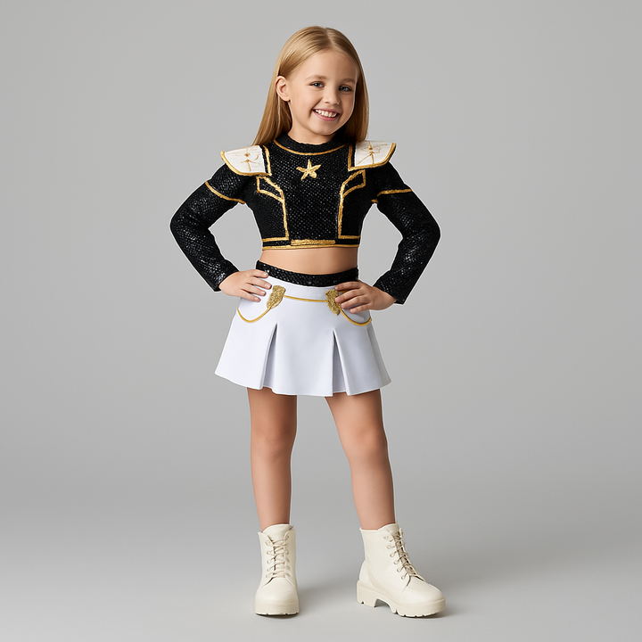 Girls' Zombie Cheerleader Halloween Costume, with ripped crop top & pleated skirt for spooky fun.