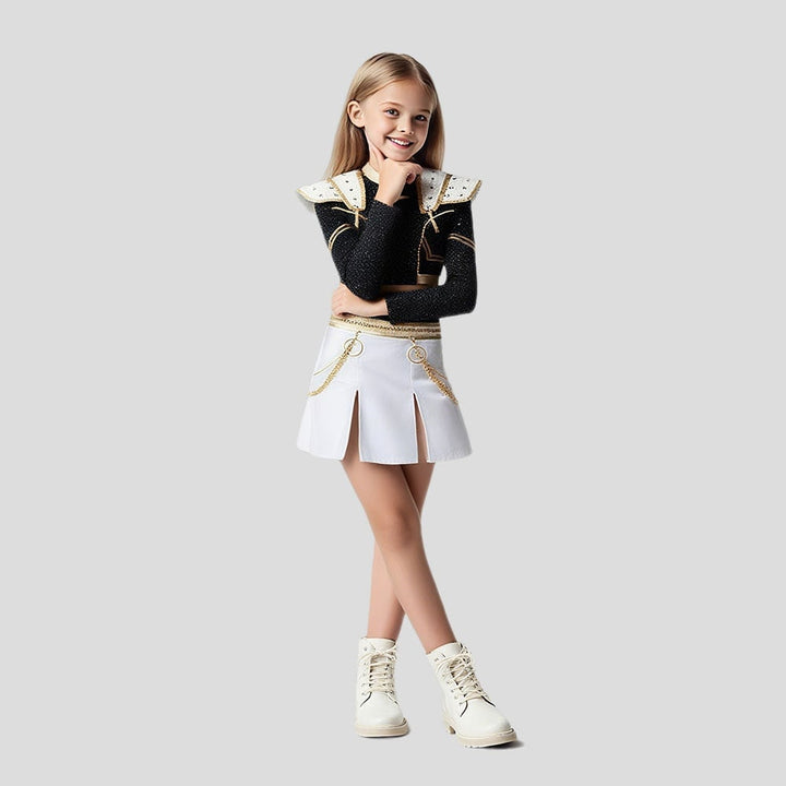 Young girl in a spooky zombie cheerleader Halloween costume, ready for trick-or-treating & costume party.