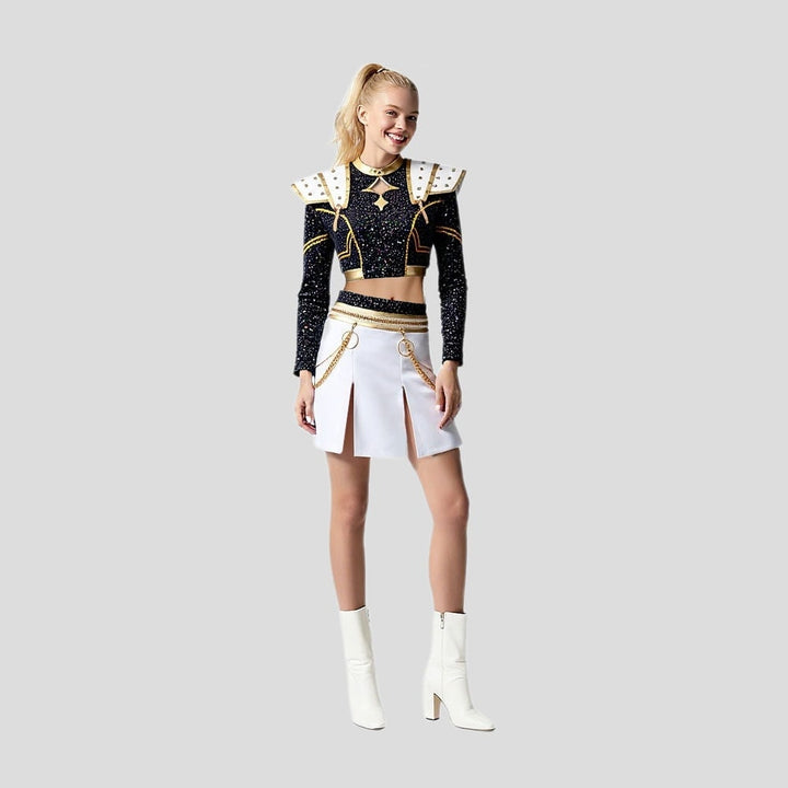 Girls' gothic zombie cheerleader costume with tattered crop top & pleated skirt for a spooky Halloween party.