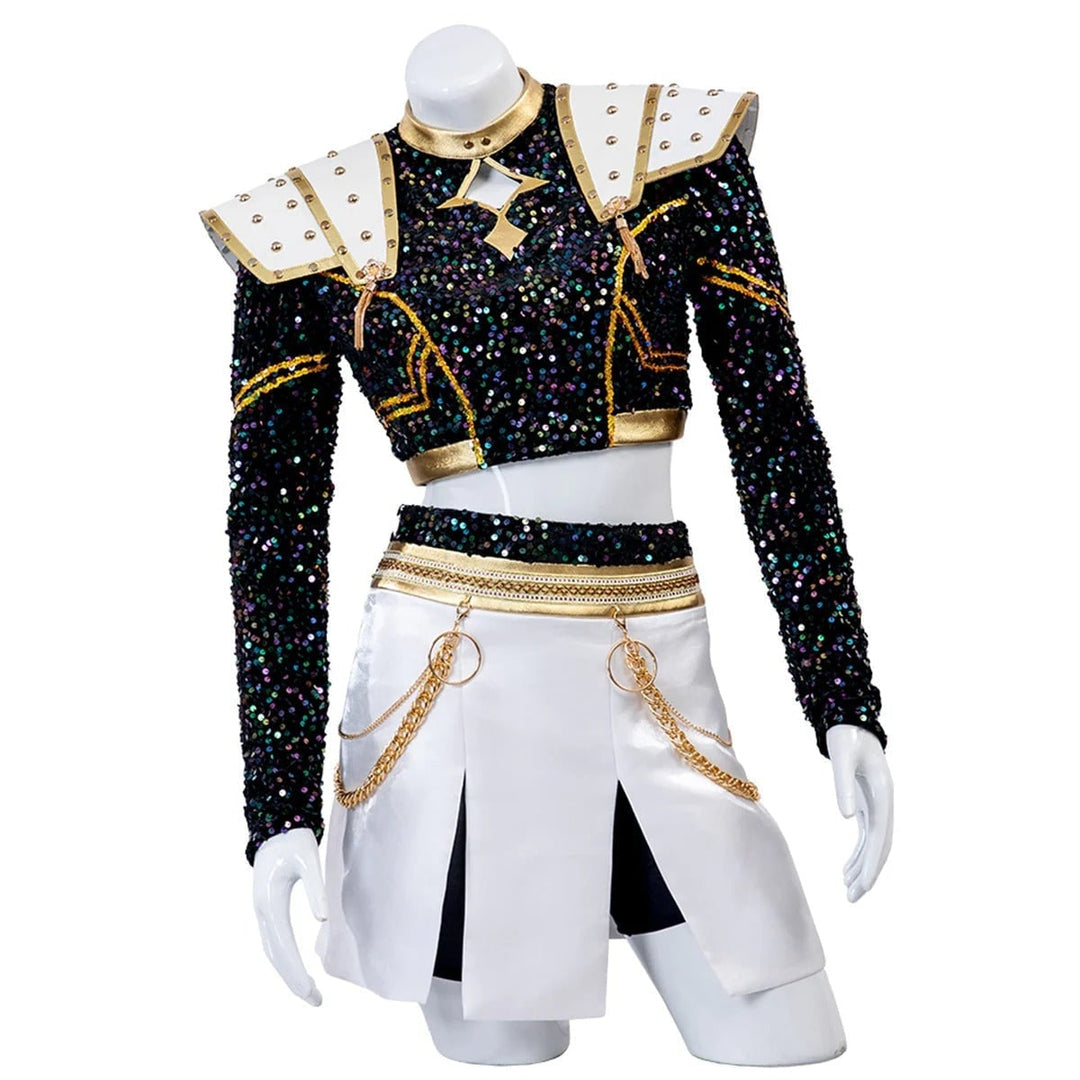 Bloody and ripped zombie cheerleader costume, a spooky crop top and pleated skirt for girls' Halloween fun.
