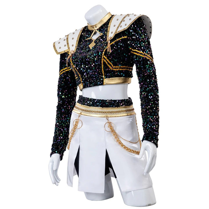 Full view of a girls' zombie cheerleader Halloween costume, showing the distressed crop top & pleated skirt.