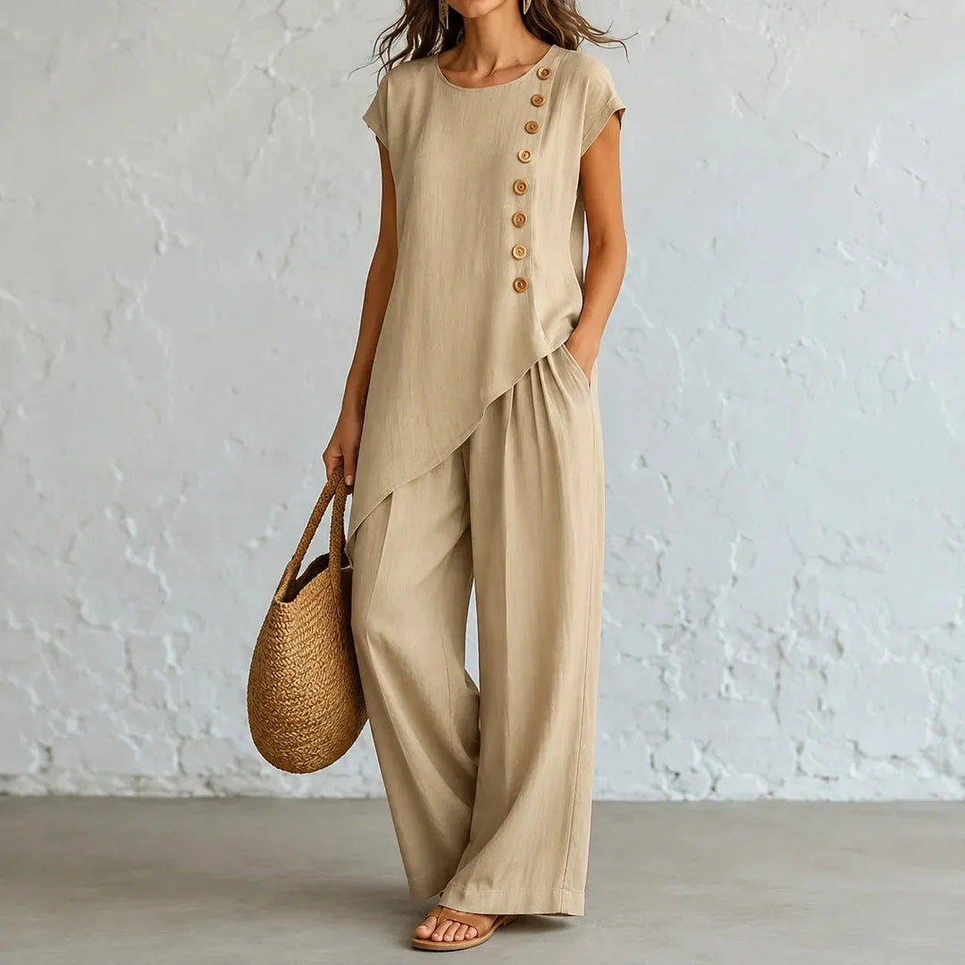Stylish women's matching set, showcasing the comfortable wide-leg pants & unique asymmetric top detail.