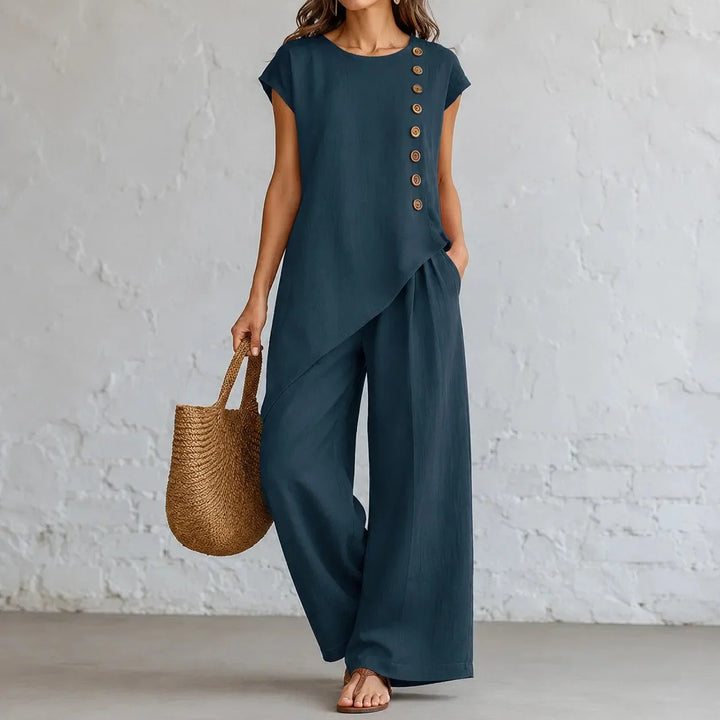Close-up on the fabric of the women's casual co-ord set, highlighting the soft texture and relaxed fit.