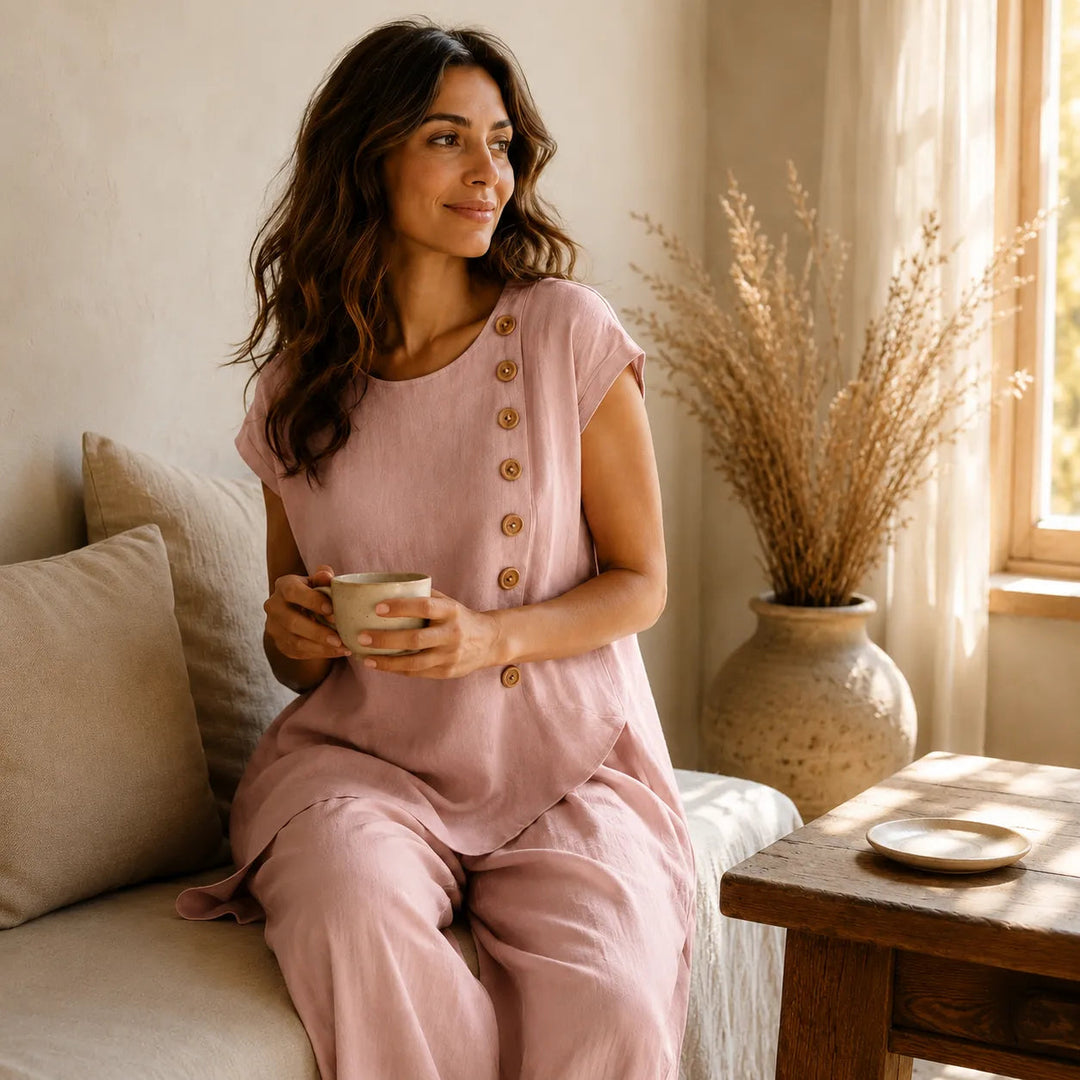 Full view of a model in a versatile co-ord set, showcasing relaxed wide-leg pants and asymmetric top.