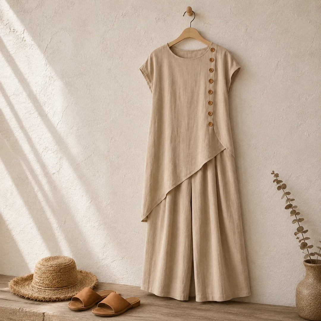 Women's effortless co-ord set in a summer style, featuring wide-leg pants & a unique asymmetric top.