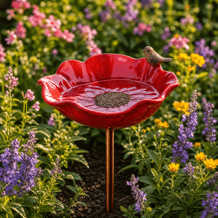 Colorful metal poppy bird bath garden stake. Attracts birds & pollinators, perfect outdoor wildlife decor.