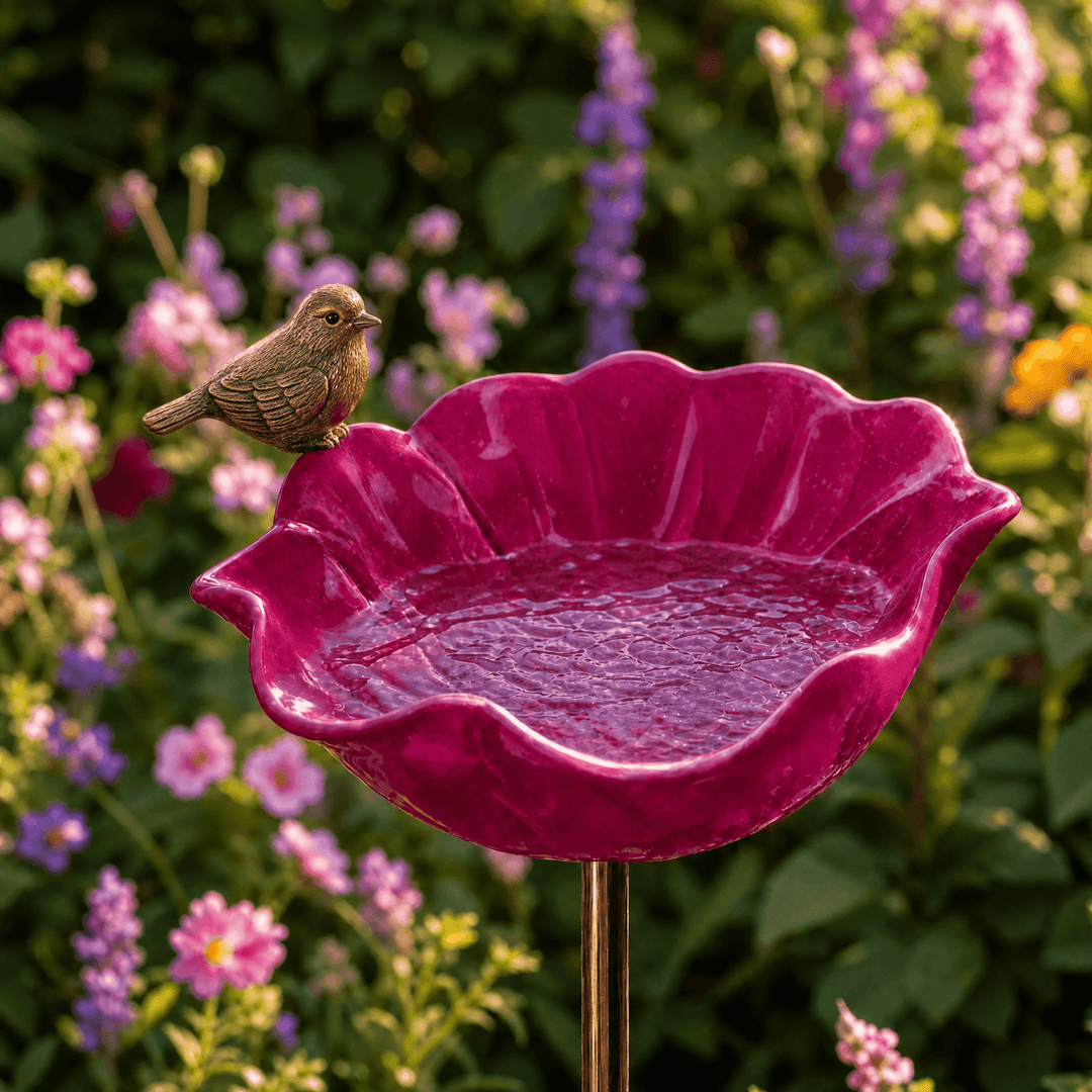 Vibrant red poppy bird bath garden stake. Decorative metal art for your yard, invites birds & bees.