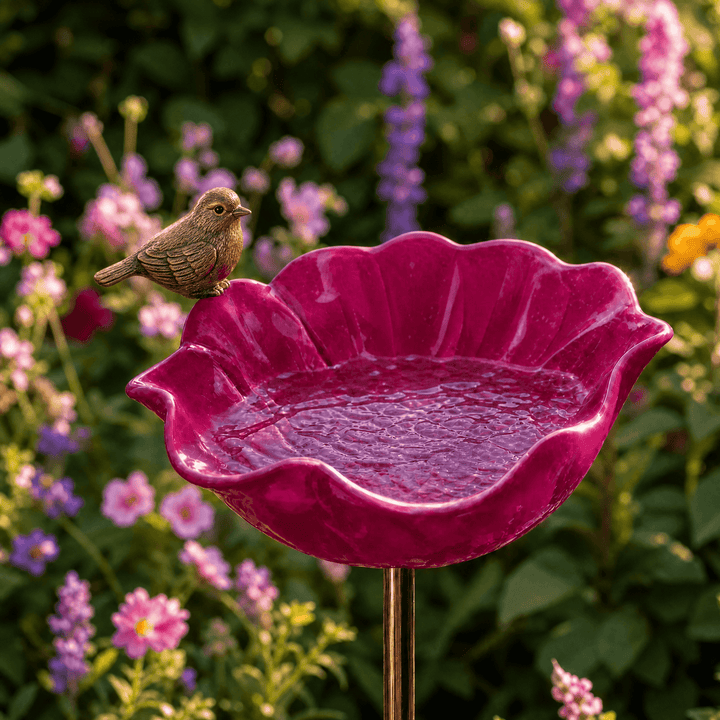 Vibrant red poppy bird bath garden stake. Decorative metal art for your yard, invites birds & bees.