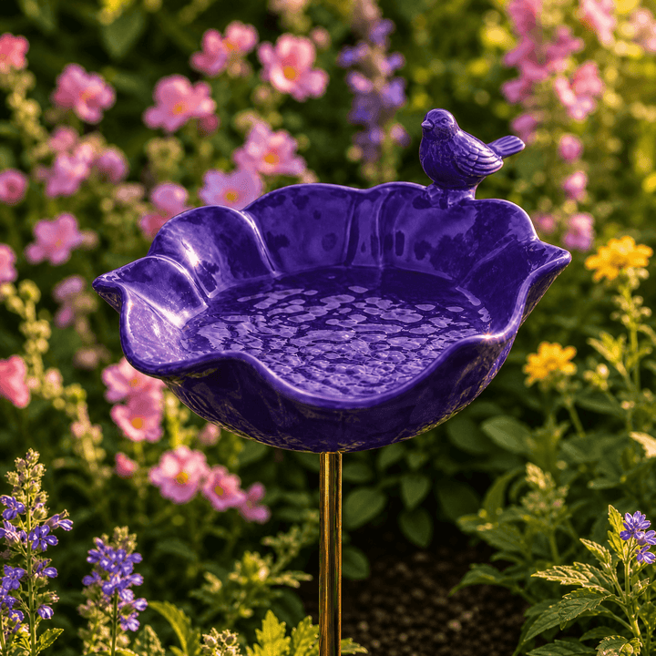 Elegant garden poppy bird bath stake. Outdoor metal art, provides water for birds & beneficial pollinators.