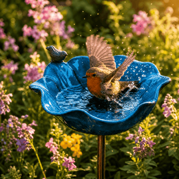 Whimsical poppy flower bird bath stake. Colorful garden decor, attracts backyard wildlife & pollinators.