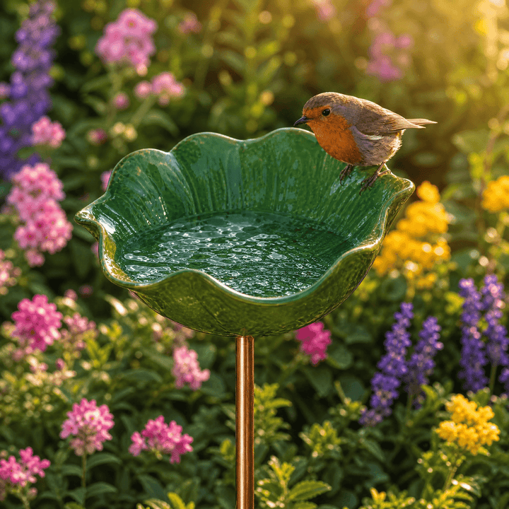 Metal poppy bird bath garden stake. A charming yard accent, offers water for birds and garden pollinators.