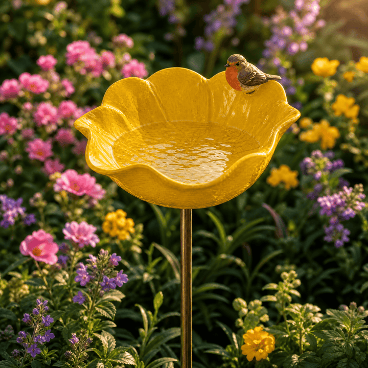 Decorative poppy bird bath stake. Enhance your garden with this colorful, wildlife-friendly outdoor feature.