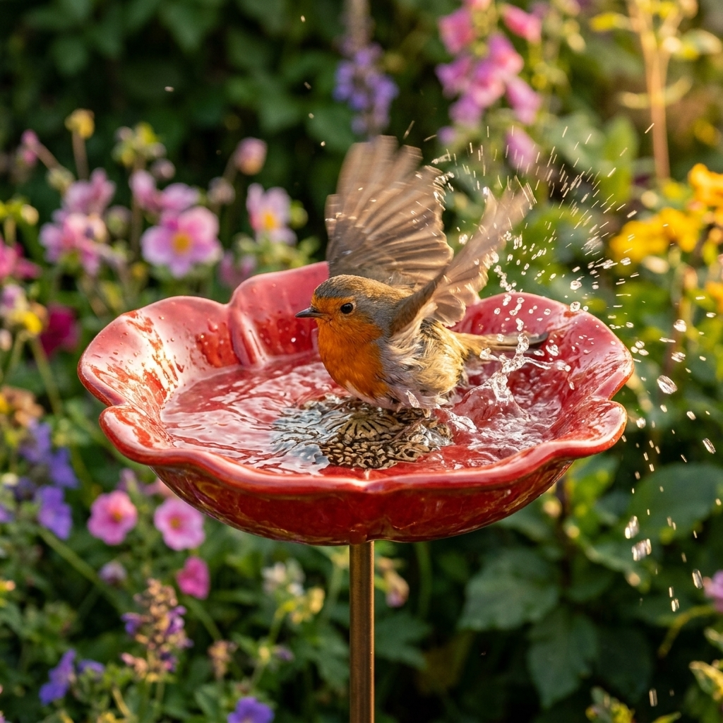 Functional metal poppy bird bath. Garden stake brings color & attracts birds/pollinators to your yard.