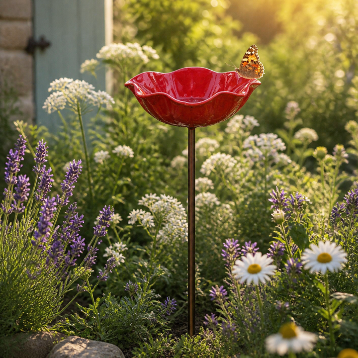 Eye-catching poppy bird bath garden stake. Ideal for attracting birds, bees, and adding yard decor.