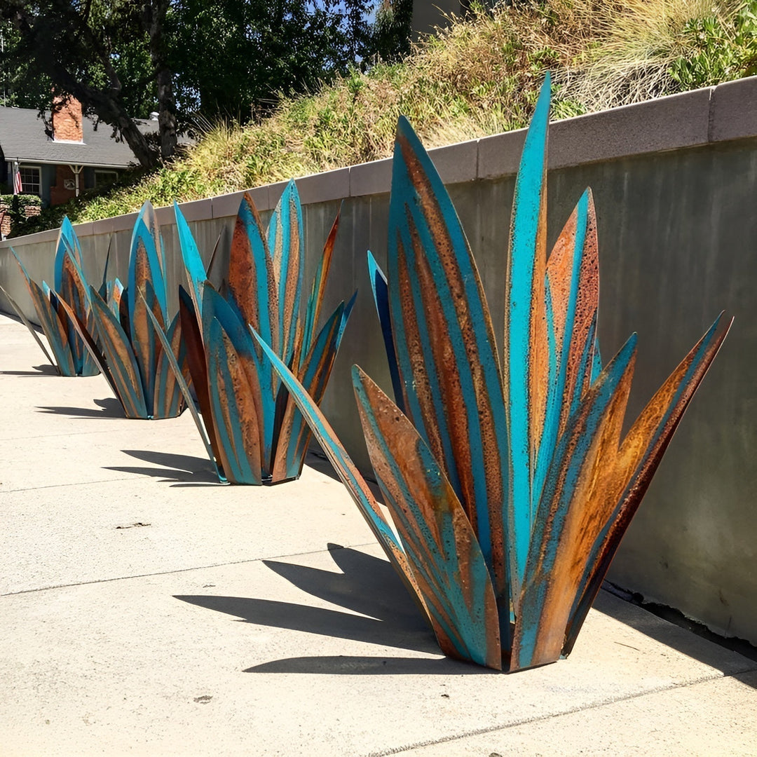 Handcrafted rust-proof metal garden sculpture, colorful outdoor art for yard & patio decor.