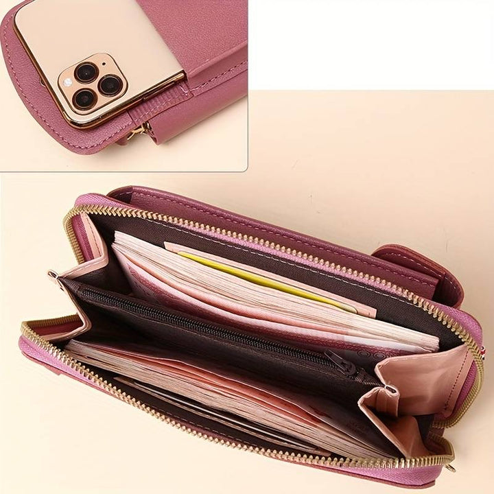 Fashion-forward women's crossbody phone holder with touch screen window, a sleek design.
