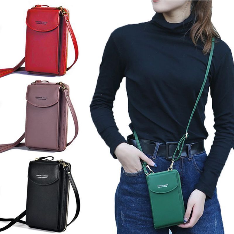 Stylish women's crossbody phone wallet, a hands-free solution with touch screen.