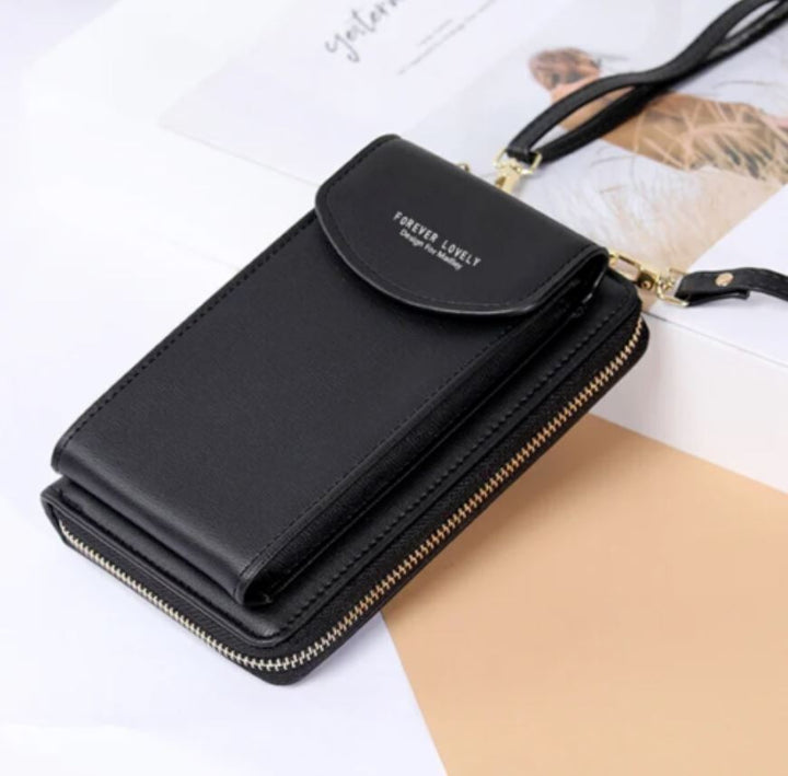 Women's PU leather shoulder bag, an organizer crossbody phone wallet with touch screen.