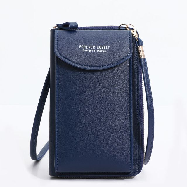 Modern women's smart wallet: crossbody design with touch screen compatibility and multiple pockets.