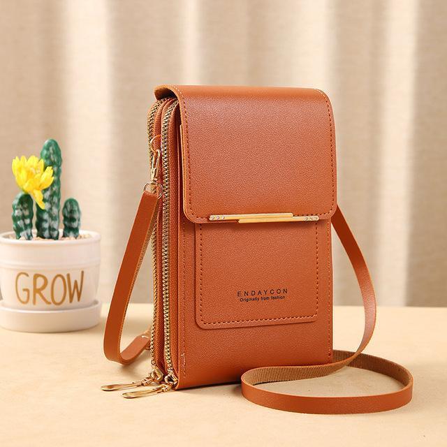 Fashionable women's shoulder bag: PU leather crossbody wallet with clear touch screen panel.