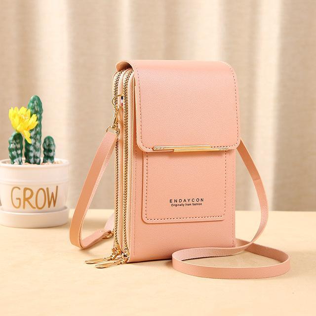 Stylish Sonia crossbody phone wallet for women, offering hands-free touch screen use.
