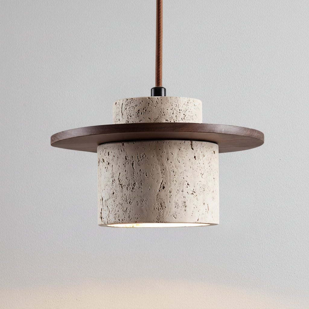 Unique Travento hanging lamp made of genuine travertine & wood-look, a stylish natural decor piece for modern lighting.