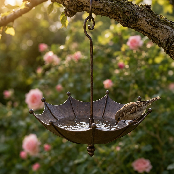 Hanging umbrella bird feeder & bath for garden decor. Rust-resistant backyard patio accent.